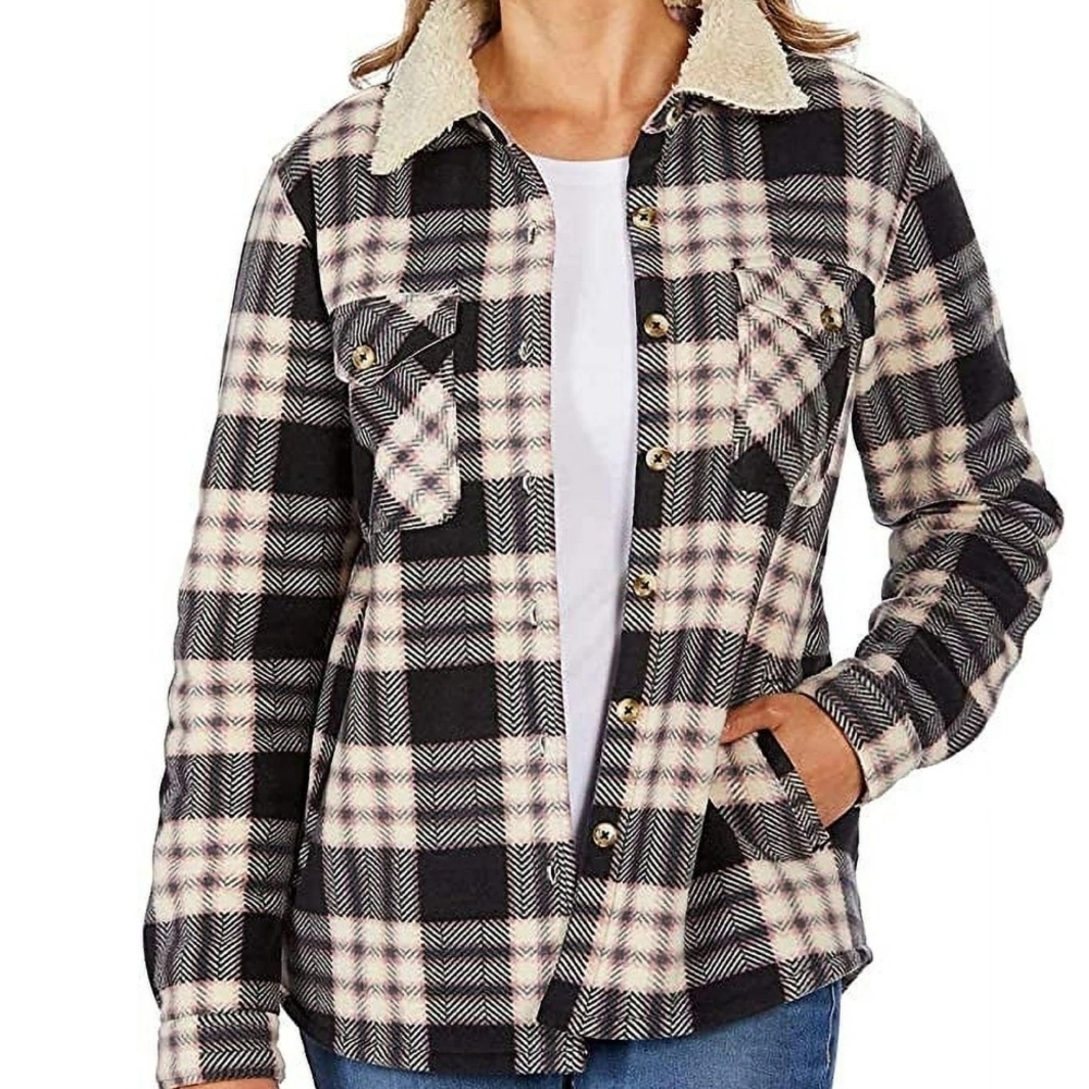 Soho Black and Cream Plaid Sherpa-Lined Utility Jacket